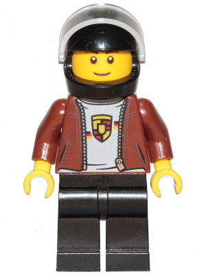 LEGO Minifigure sc078, 1974 Porsche 911 Turbo 3.0 Driver, with black helmet, dark red jacket, grey shirt with German flag shield, and black legs.