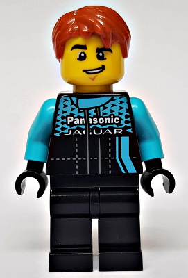 LEGO Minifigure sc079 Formula E Panasonic Jaguar Racing GEN2 Driver with red hair, yellow head, black torso with logos, and black legs.
