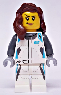 LEGO Minifigure sc080 - Jaguar I-PACE eTROPHY Driver with brown hair, angry expression, and white racing suit.