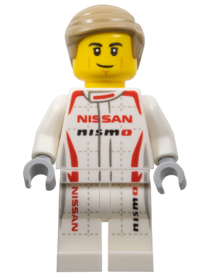 LEGO minifigure with light brown hair, yellow head, and white racing suit with Nissan and Nismo logos.