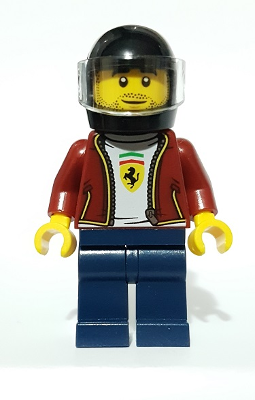 LEGO Minifigure sc082 - Ferrari F8 Tributo Driver wearing a black helmet, reddish-brown jacket, Ferrari shirt, and blue pants.
