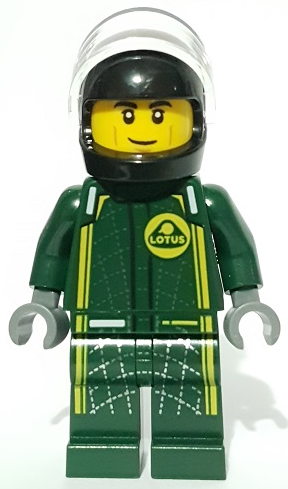 LEGO Minifigure sc096 Lotus Evija Driver in a dark green racing suit with yellow stripes, helmet, and Lotus logo.