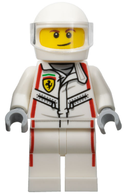 LEGO minifigure of a Ferrari 512 M driver in a white racing suit with red stripes and a white helmet with clear visor.