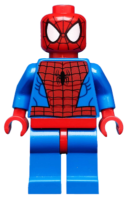 LEGO minifigure sh0115 Spider-Man with red head, black web, white eyes, blue torso, red web, black spider, red hips, blue legs.