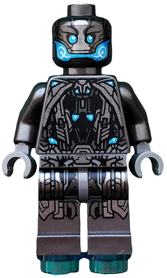 LEGO Minifigure sh0166 - Ultron Sentry. Dark grey figure with intricate silver and blue metallic patterns, blue glowing eyes, and transparent teal feet.