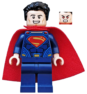 LEGO Minifigure sh0219 Superman. Dark blue suit with red S, red cape, black hair. Features smiling and angry (heat vision) face expressions.