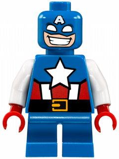 LEGO Minifigure sh0250 Captain America with short blue legs, blue torso with white star, white arms, red hands, and blue masked head.