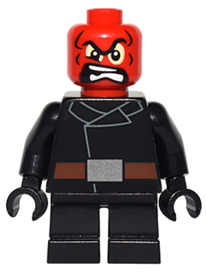 LEGO Minifigure Red Skull (sh0251) with angry red head, black torso with grey lines and brown belt, and short black legs.