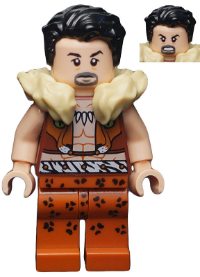 LEGO Minifigure Kraven The Hunter (sh0270) with black hair, fur collar, brown animal print torso, and orange paw-print legs.