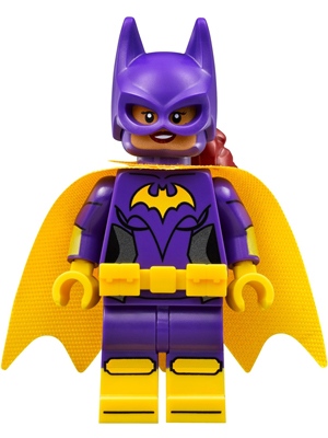 LEGO Batgirl minifigure in a dark purple suit, yellow cape, yellow boots, and a yellow bat symbol on her chest.