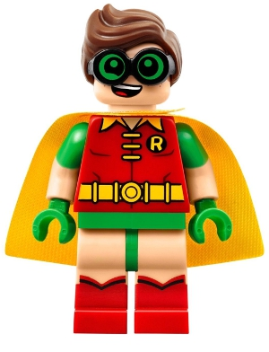 LEGO Minifigure sh0315 of Robin with brown hair, green glasses, red and green suit, yellow cape, and a smiling face.
