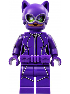 LEGO Minifigure sh0330 Catwoman in a dark purple suit with silver goggles, green eyes, cat ears, and utility belt.