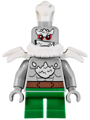 Grey LEGO Doomsday minifigure with spiky white head, neck, and shoulder pieces, angry red-eyed face, and green short legs.