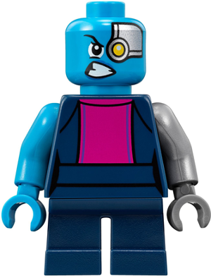 LEGO minifigure of Nebula with blue skin, angry expression, cybernetic eye, dark blue and magenta torso, silver right arm, and short legs.