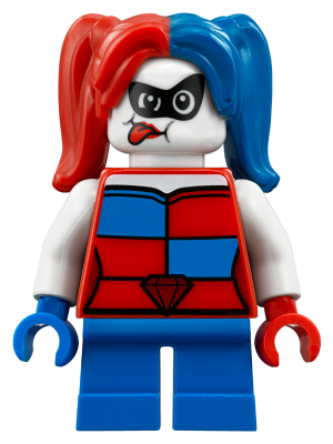 LEGO Minifigure sh0493 Harley Quinn. White face, black mask, winking eye, tongue out. Red and blue pigtails, checkered top, blue short legs.