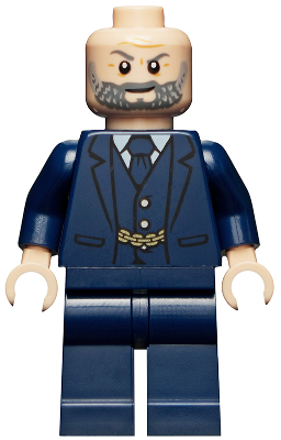 LEGO Minifigure Obadiah Stane (sh0738) with a bald head, grey beard, dark blue suit, waistcoat, and tie.