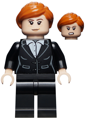 LEGO Minifigure Pepper Potts (sh0740) in black suit, dark orange ponytail, with two facial expressions: smiling and angry.