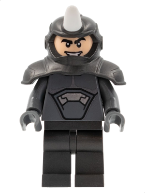 LEGO Minifigure of Rhino (sh0795) in dark gray armor with a white horn on the helmet and a grinning face.