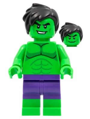 LEGO Minifigure sh0798 Hulk with green skin, purple pants, black tousled hair, and angry expression, with an extra head.