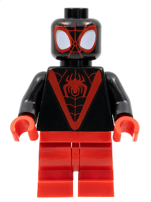Black LEGO Miles Morales Spider-Man minifigure with red V-shaped spider logo on torso, white eyes, and red legs.