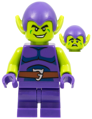 LEGO Green Goblin minifigure with lime green head and purple suit, featuring a grinning face and an alternate worried face.