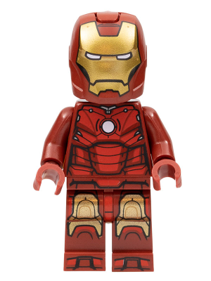 LEGO Minifigure sh0825 Iron Man Mark 3 Armor, helmeted, in red and gold with black details and arc reactor, on white background.