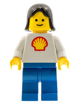 LEGO minifigure with black female hair, yellow head, white torso with Shell logo, and blue legs.