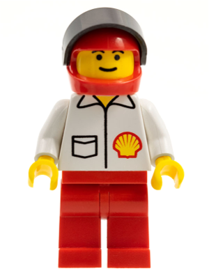 LEGO minifigure of a Shell gas station attendant in a white jacket with logo, red helmet, grey visor, and red legs.