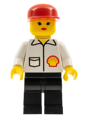 LEGO Minifigure shell009 - female figure in red cap, white jacket with Shell logo and pocket, black legs.
