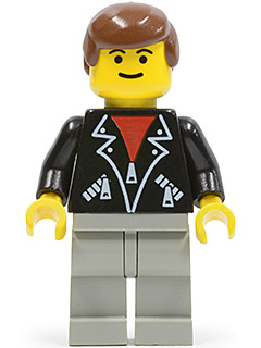 LEGO Minifigure shell011 with brown male hair, yellow head, black leather jacket with red and white zippers, and light gray legs.