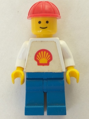 LEGO Minifigure shell014: classic Shell character with red helmet, white torso featuring Shell logo, and blue legs.