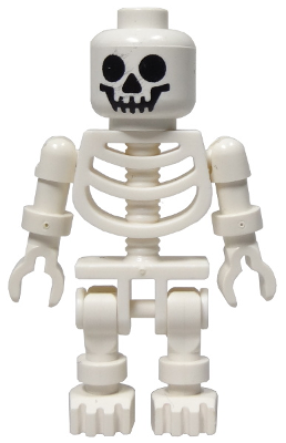 A white LEGO skeleton minifigure with a black skull face, rib cage torso, jointed arms, and legs.