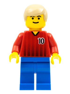 LEGO Minifigure soc067, a smiling soccer player with blonde hair, wearing a red jersey with number 10 and blue pants.