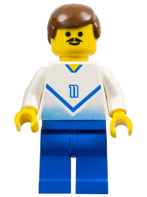 LEGO Minifigure soccer player with brown hair, mustache, white and blue uniform, and number 11 shirt.