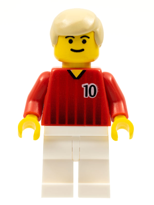 LEGO Minifigure soc089, a blonde soccer player wearing a red jersey with number 10 and vertical stripes, white pants.