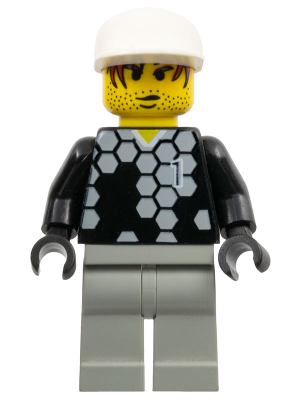LEGO Minifigure soc098, Soccer Player White Team Goalie, with white helmet, yellow face, black uniform with hexagon pattern and number 1, gray legs.