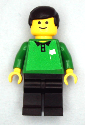 LEGO minifigure soccer referee with green shirt, black hair, yellow head, black legs, and a white flag on the torso.