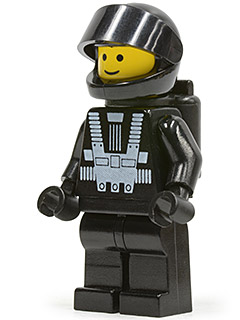 LEGO Minifigure Blacktron I (sp001) in black suit with silver visor helmet, yellow smiling face, and silver printed chest harness.
