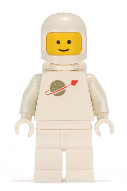 White LEGO Classic Space minifigure with helmet, yellow smiling face, and planet/rocket emblem on torso.