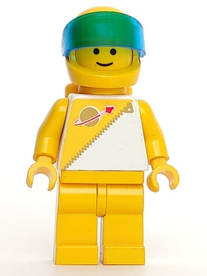 Yellow LEGO Futuron Minifigure sp016 with green visor, smiling face, and white torso featuring a planet and rocket logo.