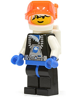 A LEGO Ice Planet male minifigure (sp018) with an orange visor, white helmet, white oxygen tank, black torso with grey and blue print, and black legs.