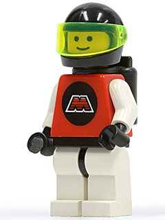 LEGO Minifigure sp033 M:Tron: red torso with M logo, black helmet, trans-neon green visor, white arms and legs, and black air tanks.