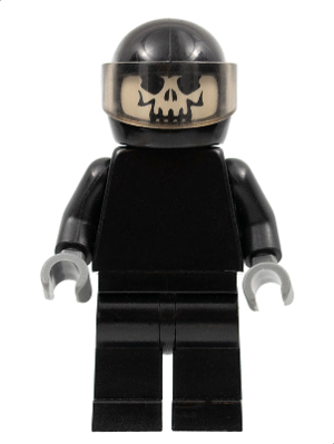 LEGO Minifigure sp085 Space Skull. Black figure with black helmet, transparent skull visor, black torso, black legs, and light grey hands.