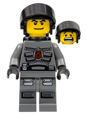 LEGO Minifigure sp096 Space Police 3 Officer 4 in grey uniform with black helmet, red star emblem, and two expressions.