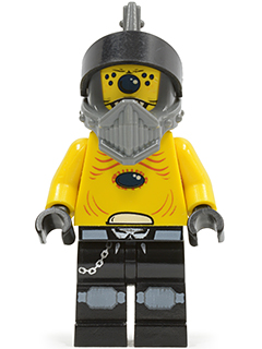 LEGO Minifigure sp097, a yellow alien with a black helmet, grey visor, and black pants with chain detail.