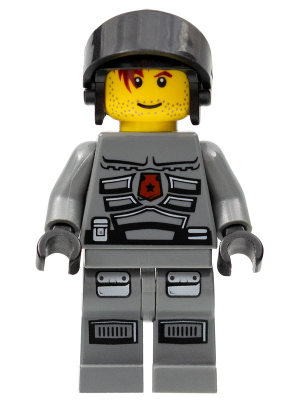 LEGO Minifigure sp098 Space Police 3 Officer 3 in gray uniform with red badge and helmet.
