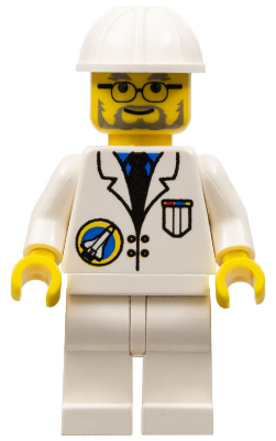 LEGO Minifigure spp014 Space Port Scientist with white construction helmet, lab coat, space shuttle logo, beard and glasses.