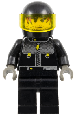 LEGO Minifigure stu016 Male Actor 3, Driver, wearing a black helmet with trans-yellow visor, black jacket with zipper, and black pants.