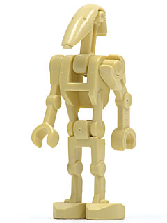 Tan LEGO Battle Droid minifigure sw0001c, with one angled arm and one straight arm, standing upright.