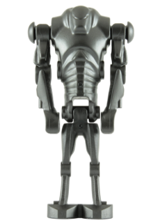 Front view of a Pearl Dark Gray LEGO Super Battle Droid minifigure with a wide head, standing upright.